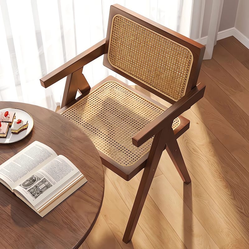 Rubber Wood Mid-Century Accent Chairs with Rattan Backs and Armrests（Set of 2）