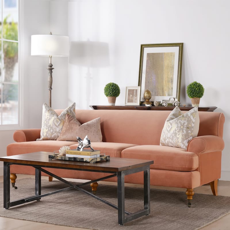 Alana Lawson 88 Inch Living Room Sofa – Three Cushion Couch with Rolled Arms and Tight Back – Minimal Assembly Required - Peach Orange Velvet