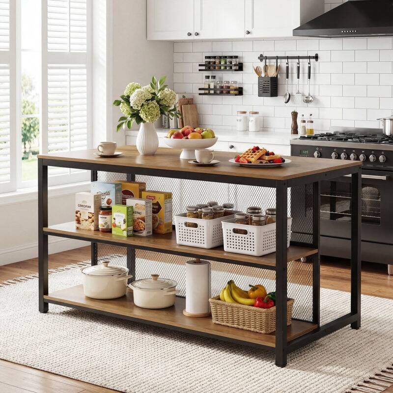 63" Industrial Kitchen Island With Seating & Storage
