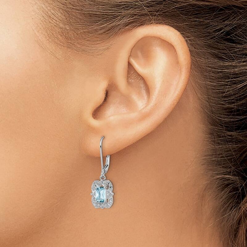 Curata 925 Sterling Silver Dangle Polished Leverback Diamond and Light Blue Topaz Earrings - 30x9mm Wide