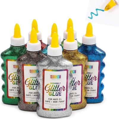 Bright Creations 8 Pack Metallic Art Glue with Glitter Paint Gel Bottles, 8 Colors, 6.76 oz