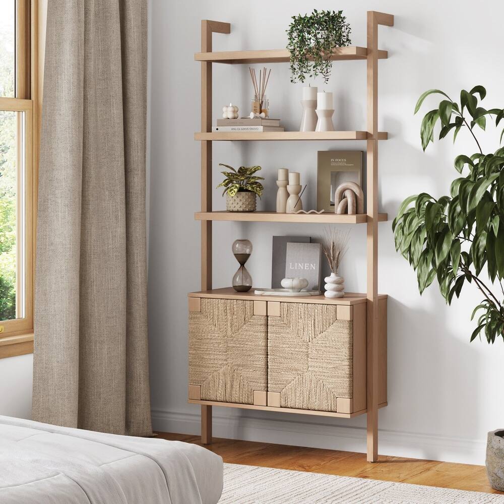 Beacon 3-Shelf Bookcase with Seagrass Cabinet, Solid Wood Bookshelf with Storage with Solid Wood Frame