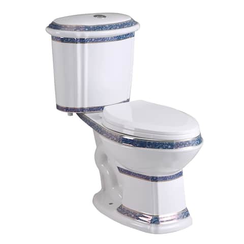 India Reserve Elongated 2 Piece Bathroom Toilet Blue Gold Dual Flush Push Button with Toilet Seat Oval Toilet Renovators Supply