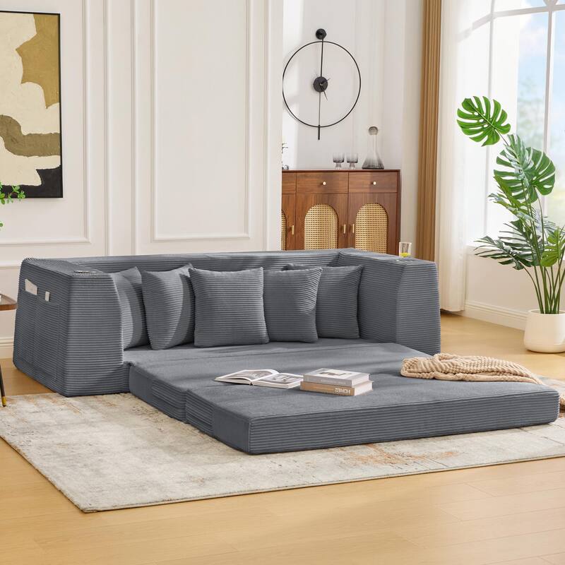 2 in 1 Convertible Sofa Bed, Sleeper Sofa with Storage Pockets, Pull Out Loveseat Couch with Two Cup Holders