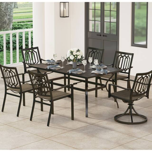 7 Pieces Patio Dining Set with 6 Textilene Stackable Chairs and 1 Steel Frame Slat Table with 1.57" Umbrella Hole - 4 Stackable chairs+2Swivel Chairs
