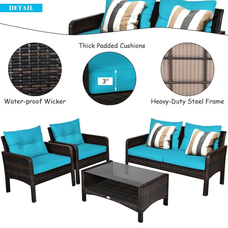 4 pcs Patio Furniture Set with Glass Top Coffee Table - 42.5" x 24.4" x 31.5" (L x W x H)