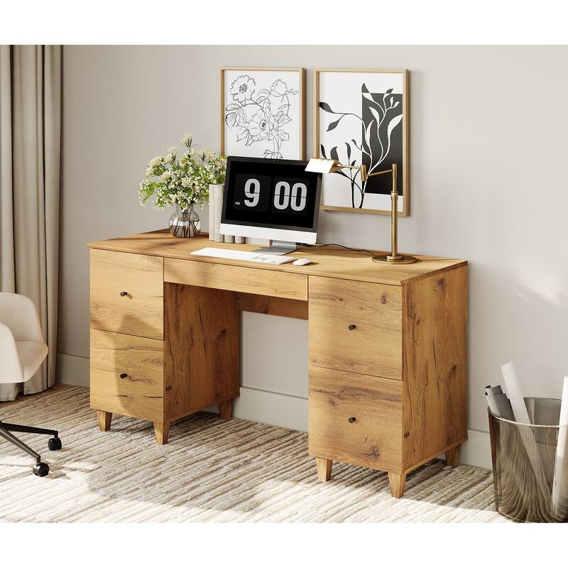 58" Executive Desk with 5 Drawers&Charging Station for Home Office