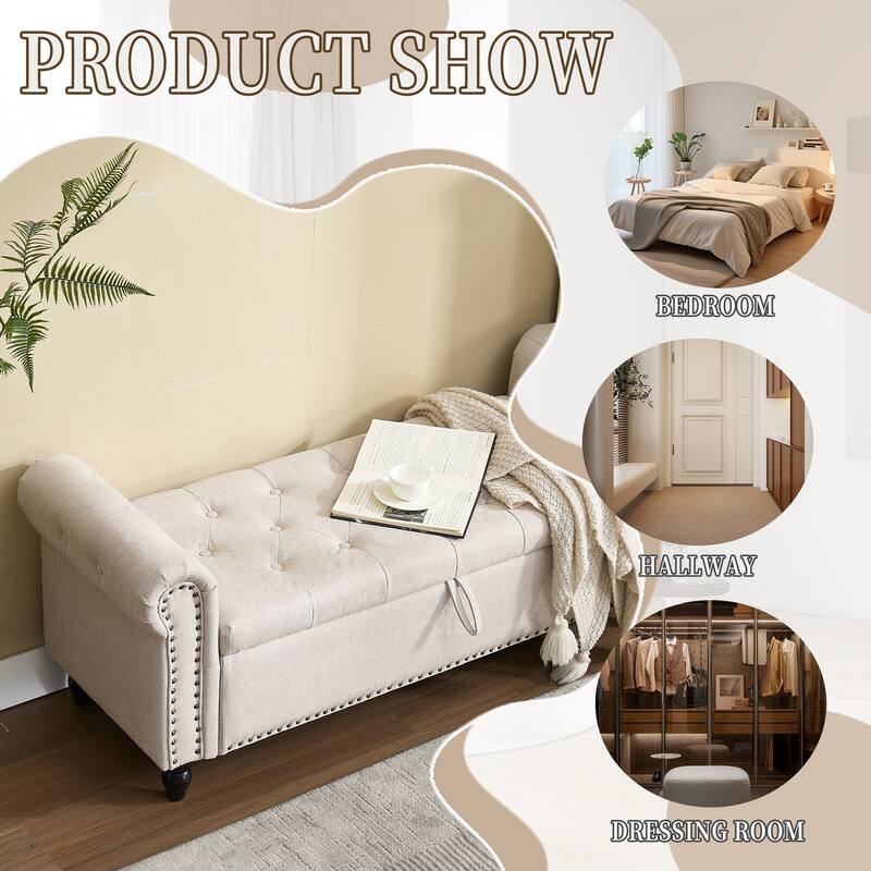 Upholstered Storage Ottoman Bench - Button Tufted Linen Ottoman with Hidden Storage for Living Room or Bedroom