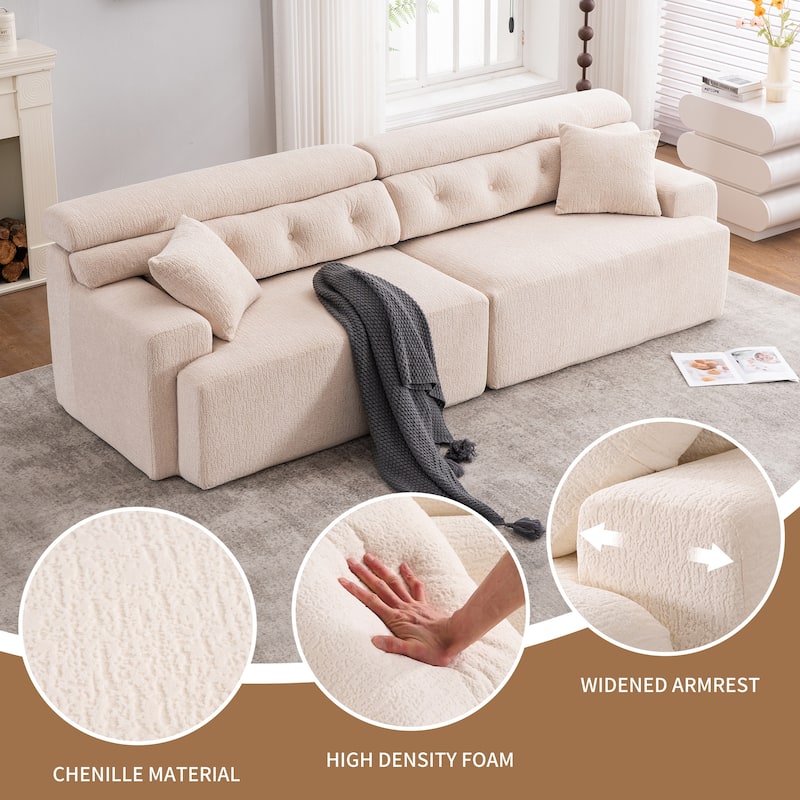 4-Seater Chenille Sofa, Plush Compact, 2 Pillows