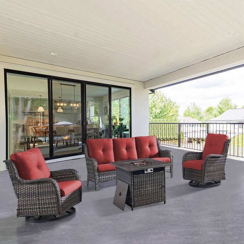 Gymojoy 4-Piece Outdoor Wicker Patio Furniture with Fire Pit Table, Rattan Coversation Set with Water Resistant Thick Cushions - Grey Wicker / Red Cusion - 4-Piece