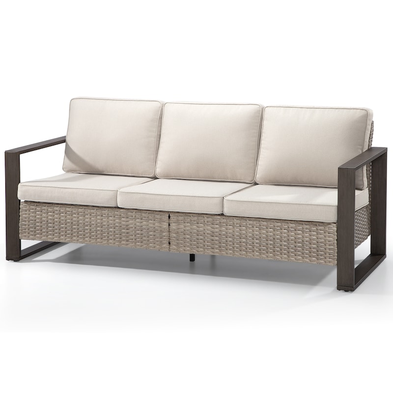 Cozywor Wicker Outdoor Patio Sofa Steel Frame with Beige Cushions