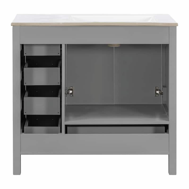 36" White Bathroom Vanity with Ceramic Sink Combo, Ample Storage Cabinet - 2 Soft-Close Doors and 5 Drawers