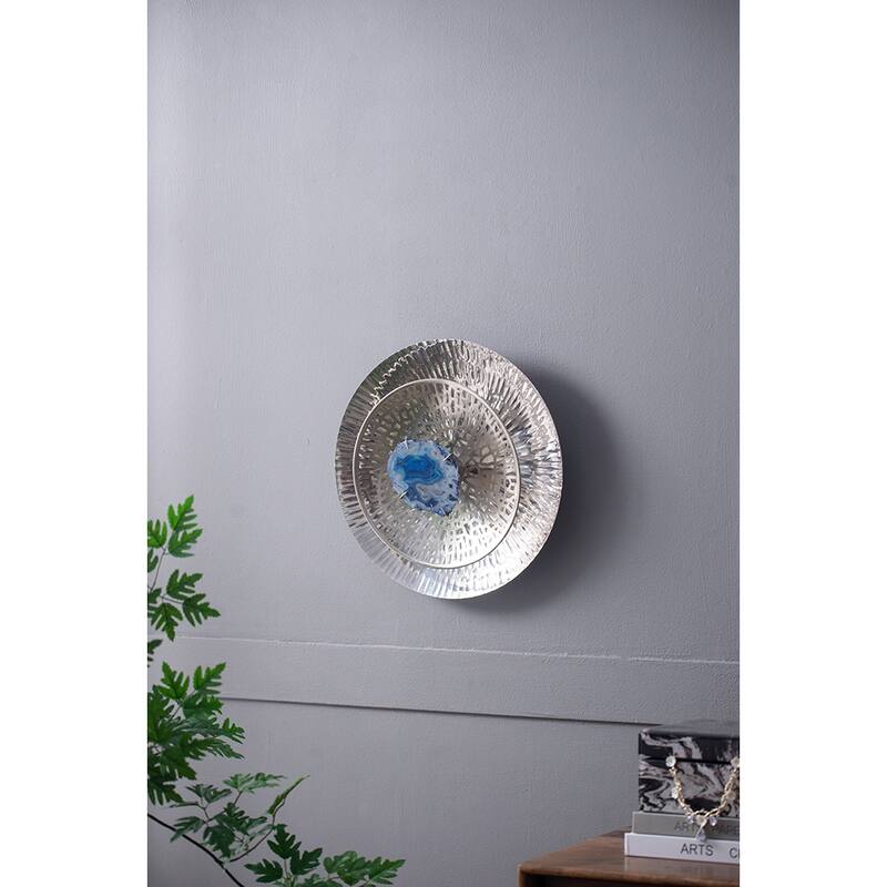 Set of 3, Modern Wall Decor Silver Textured Oversized Disc with Blue Agate, for Living Room Bedrrom Entryway Office