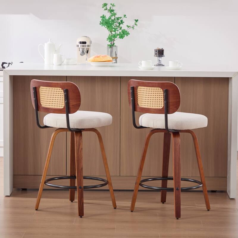 GDFStudio - Renley Rustic 26" Rattan Cane Back 360° Swivel Counter Height Bar Stools