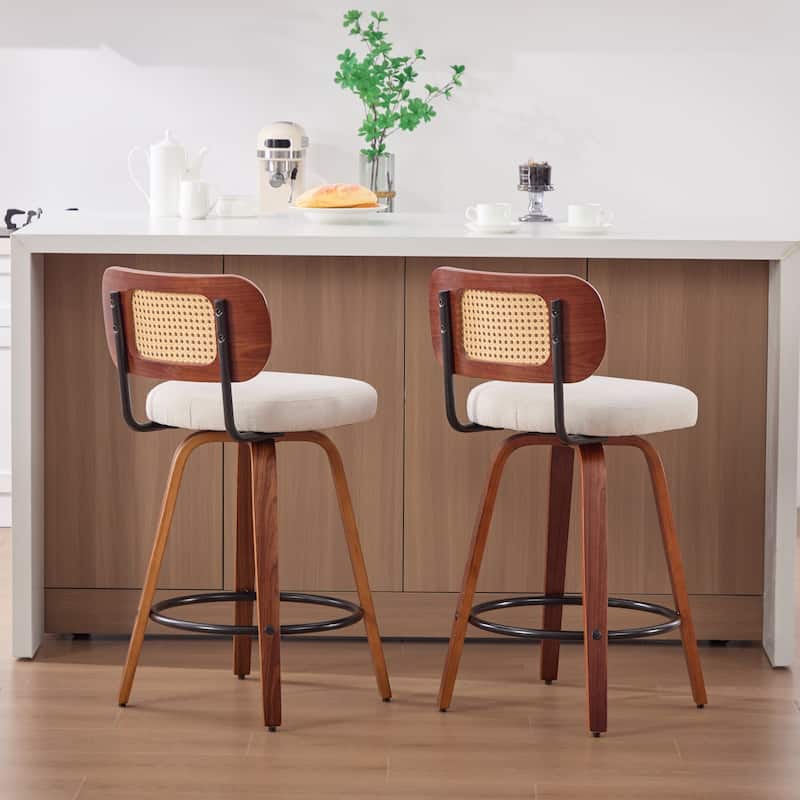 Linen Upholstered Swivel Bar Stools Set of 2, Counter Height Bar Stools with Rattan Back, Kitchen Island Chairs with Footrest