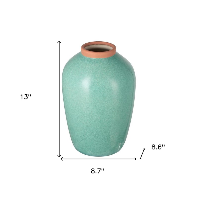 13" Aqua And Terra Cotta Ceramic Round Table Vase - 8.70