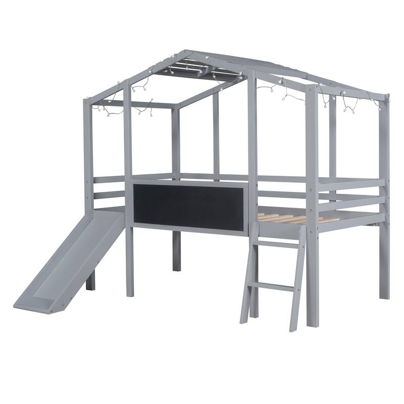 Twin Size Gray House Bed Low Loft Beds for Kids, Wood Playhouse Lofts Bed with Blackboard, Light Strip, Ladder and Slide