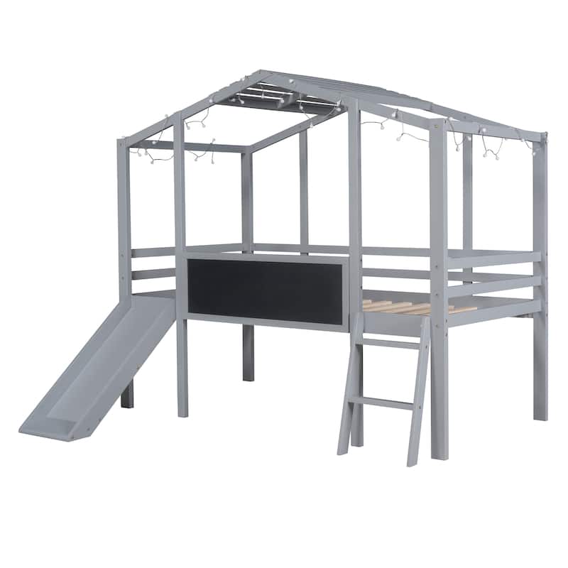 Twin Size Solid Wood Loft Bed with Ladder and Slide, House Bed with Blackboard and Light Strip on the Roof
