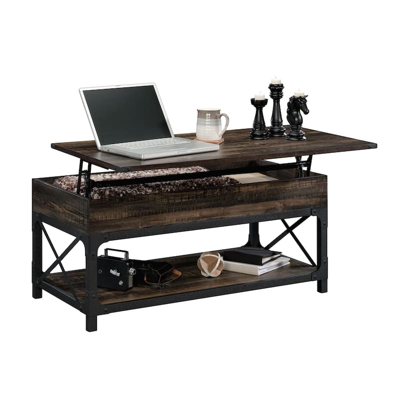 Wood Lift-Top Coffee Table with Industrial Style, Brown - 41.30" L x 22.32" W x 18.58" H