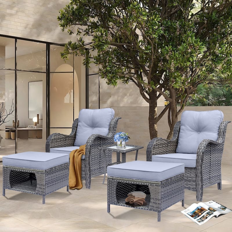 5 Piece Outdoor Wicker Patio Conversation Chair with Ottoman Set - Grey-Gray Rattan