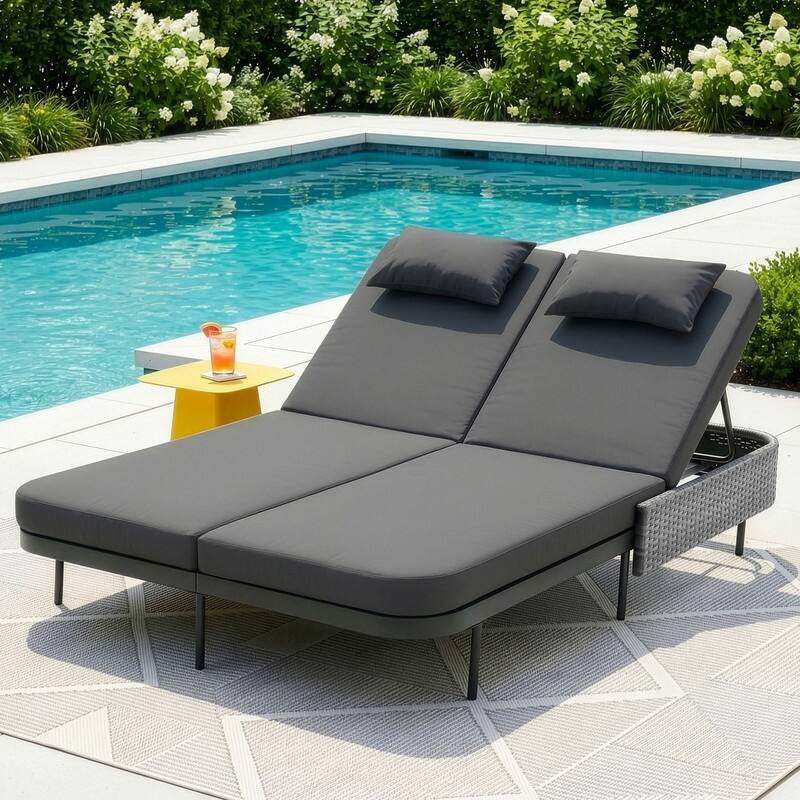 2-Person Outdoor Double Chaise Lounge, Wicker Patio Reclining Daybed with 6-Position Backrests, 4" Cushions, 800 lb Capacity - Dark Grey