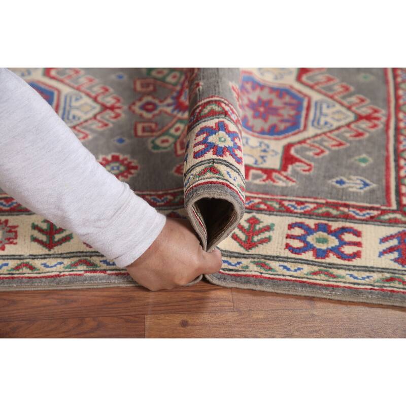 Hand Knotted Oriental 100% Wool Carpet Traditional Geometric Greys & Charcoal Kazak Runner Rug - 6' 7'' X 2' 7''