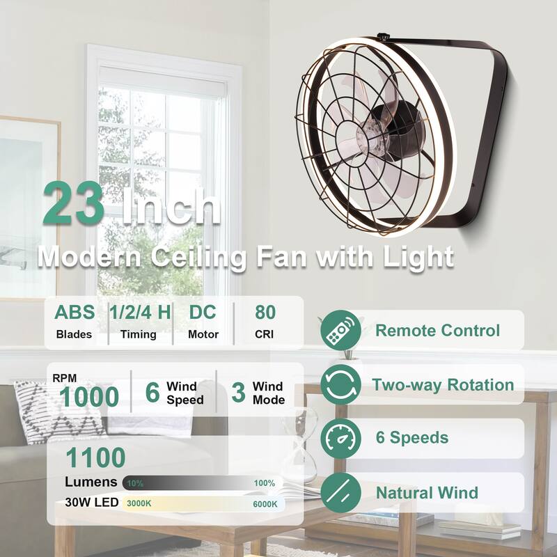 Cusp Barn 23 Inch Modern Wall Mount Fans, Oscillating Plug in Ceiling Fan with Lights, Folding Rotating Smart Fan with APP