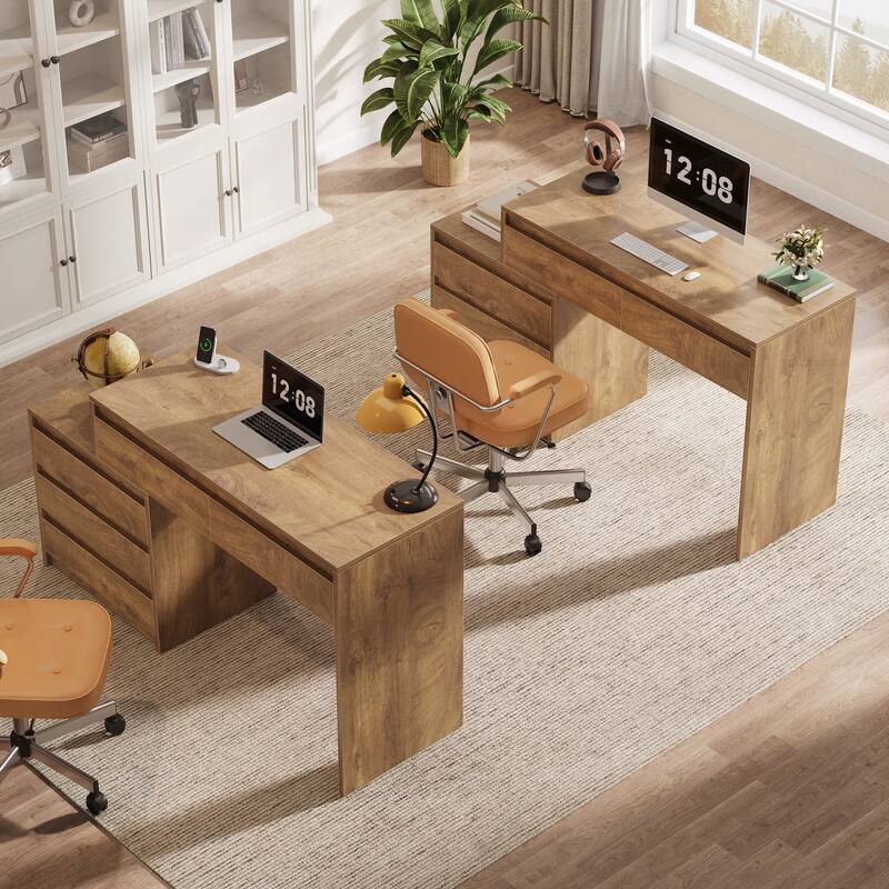 Industrial Computer Desk with 5 Drawers & File Cabinet, Rustic Wood Office Desk with Printer Stand for Small Spaces