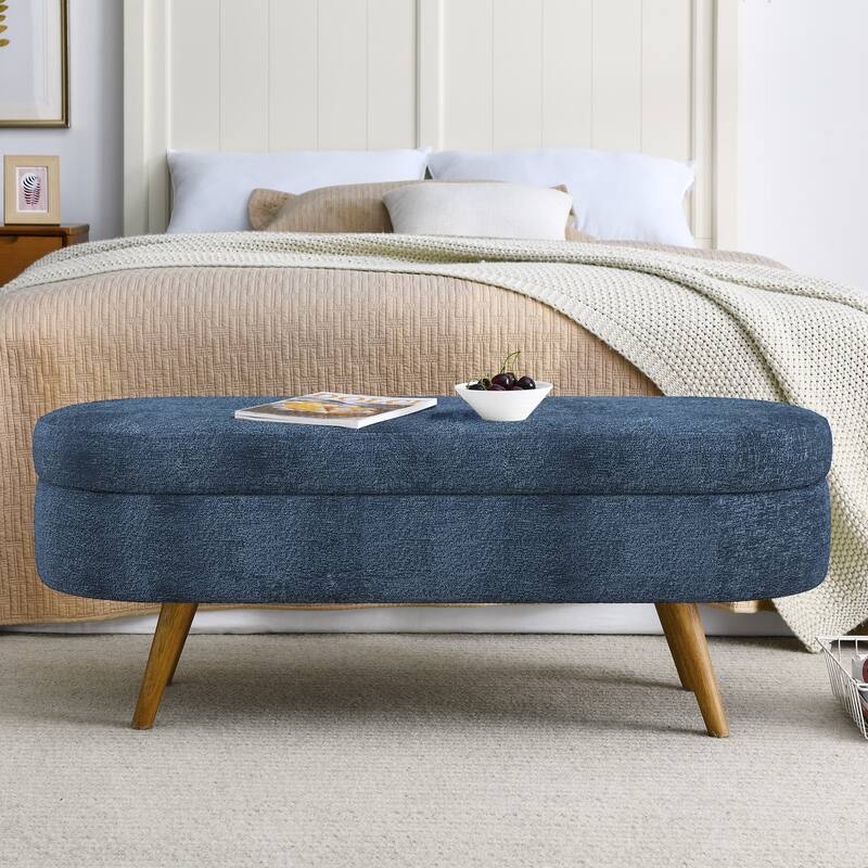 Oval Storage Ottoman Bench, Decorative End of Bed Bench 43.5 Inches Upholstered Storage Ottoman with Solid Wood Legs