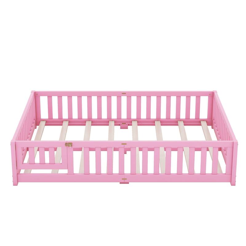 Twin/Full/Queen Size Floor Bed with Safety Guardrails for Kids, Wood Montessori Bedframe w/ Door, Children's Noiseless Beds