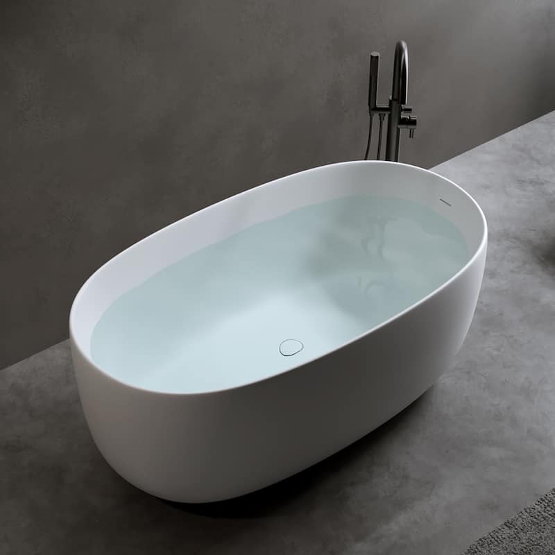 Solid Surface Freestanding Soaking Bathtub with Center Drain and Pop-up Drain, Modern Tubs with Overflow
