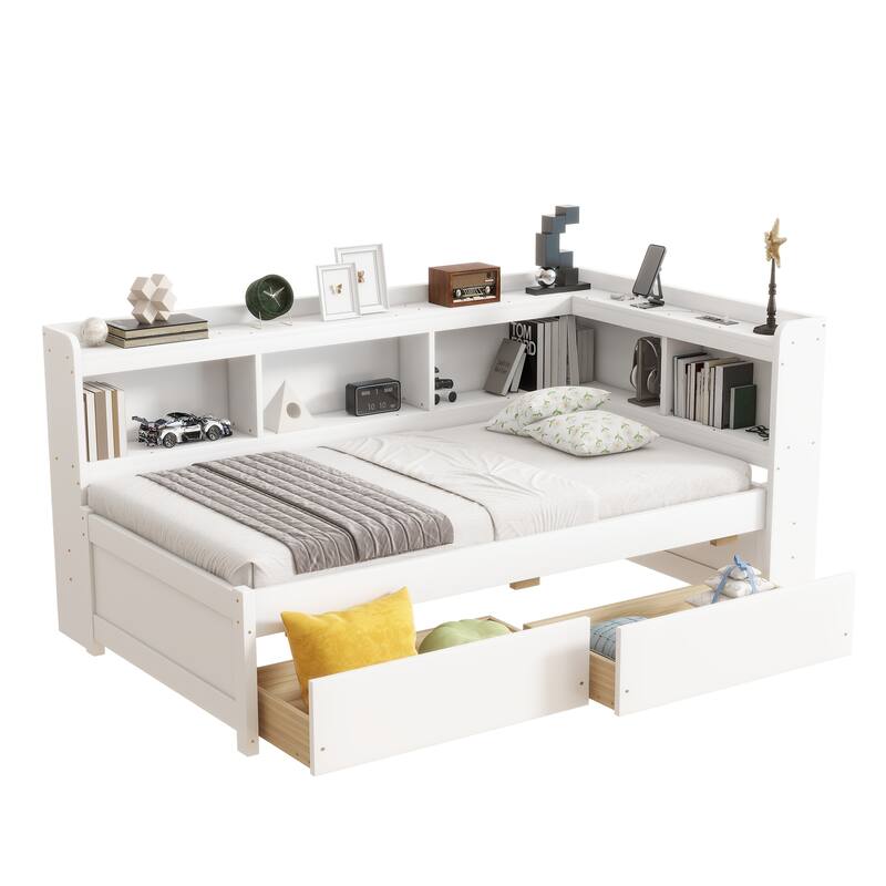 Twin Size L-shaped Bookcases Bed with Power Outlets, USB Charging Ports,Two Drawers