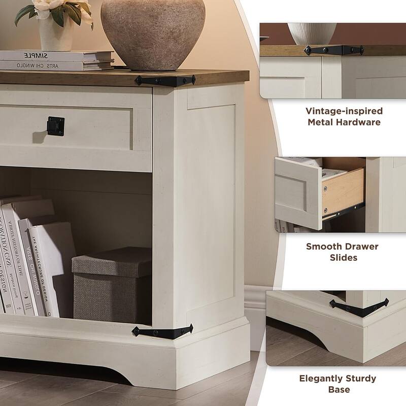 Farmhouse Nightstand with Charging Station，Beside Table for Bedroom