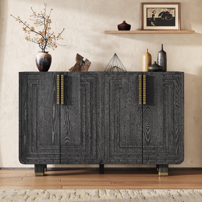 54" Retro Buffet Cabinet with Storage, 4-Door Vintage Fluted Sideboard Cabinet with Adjustable Shelves - Black