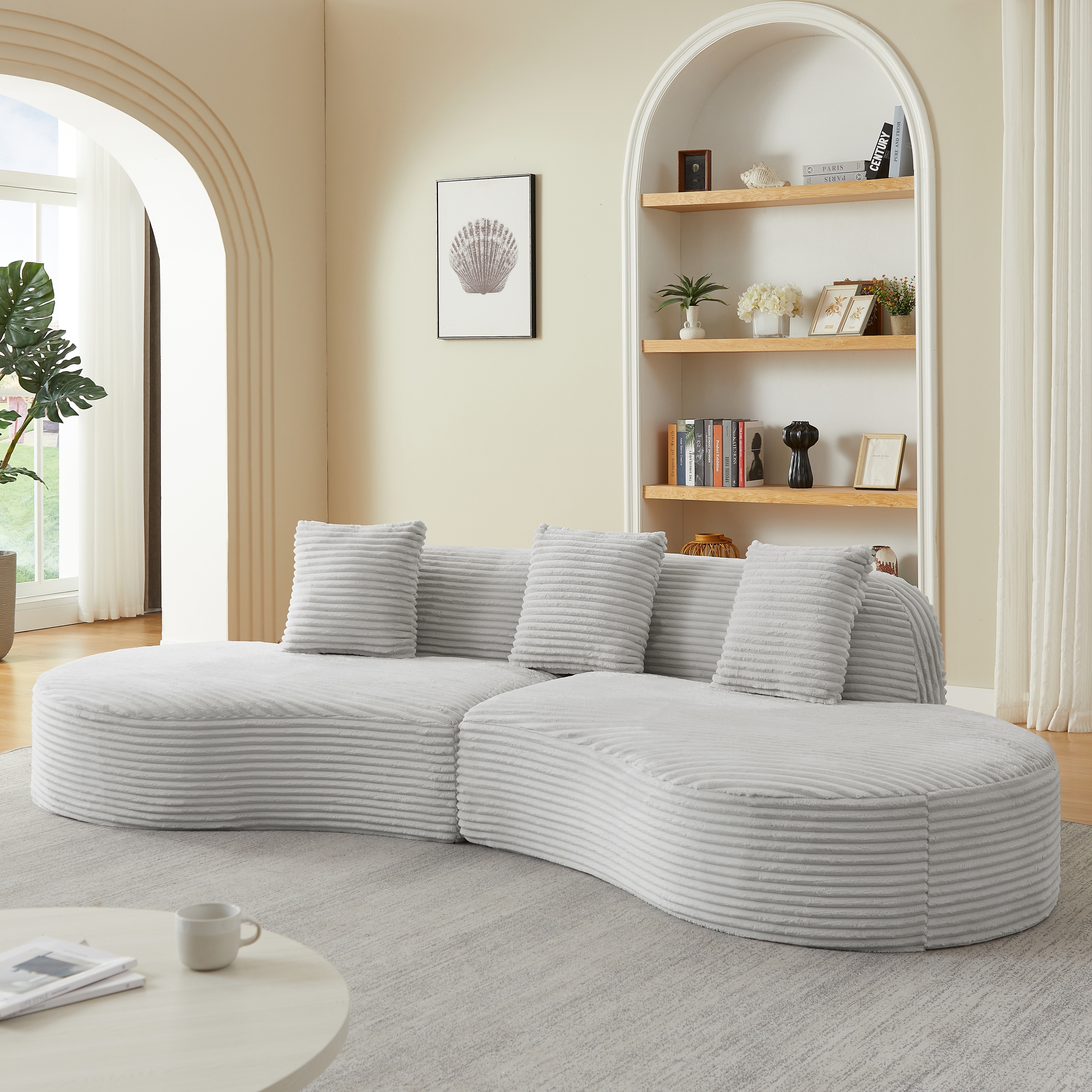 Contemporary Corduroy Compressed Upholstered Curved Sectional Sofa With Scatter Cushions No Assembly