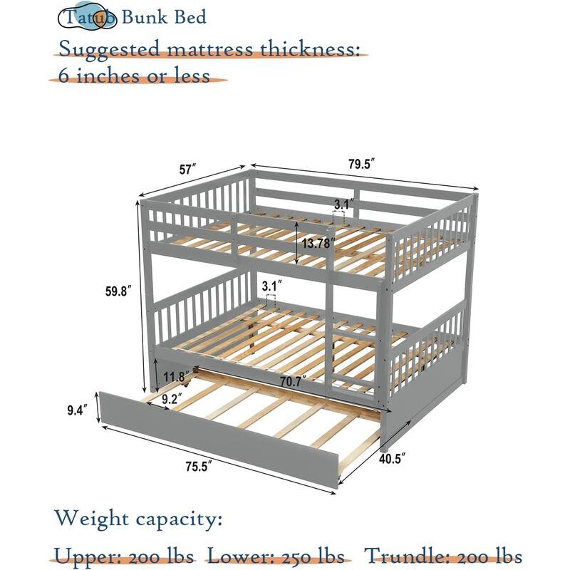 Full Over Full Bunk Bed with Trundle, Solid Bunk Bed with Trundle for Kids, Teens, Boys and Girls