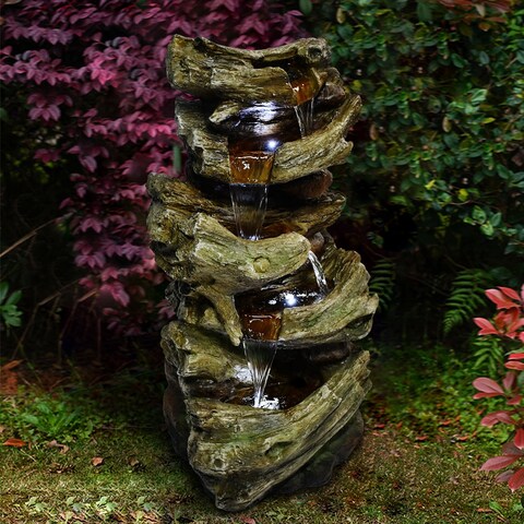Outdoor 5-Tier Glass Fiber Patio Freestanding Fountain with White LED Light