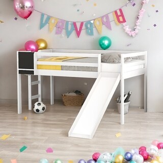 Twin Size Loft Bed with Slide, Stair and Chalkboard, White, Solid Wood Frame, Fun Design Perfect Kids' Bedrooms
