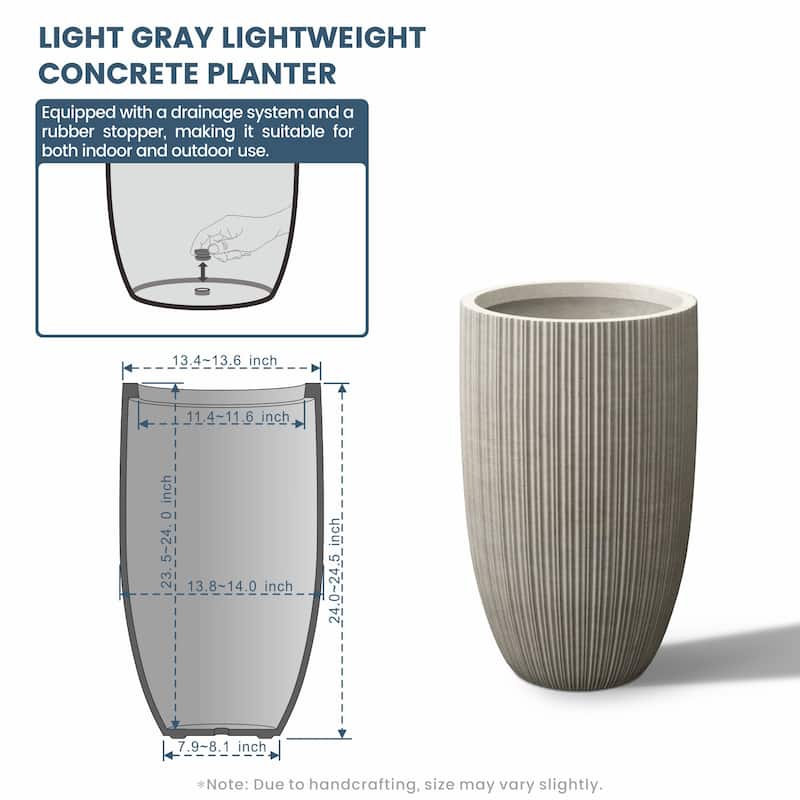 Textured Granite Gray Tall Concrete Round Plant Pots / Large Indoor and Outdoor flower Planters (13.5 Inch x 24.5 Inch)