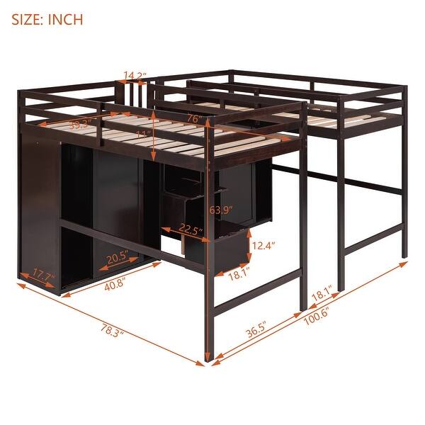 Espresso Double Twin Size Solid Pine Wood Loft Bed with 2 Wardrobes and Storage Staircase, Full-Length Guardrail