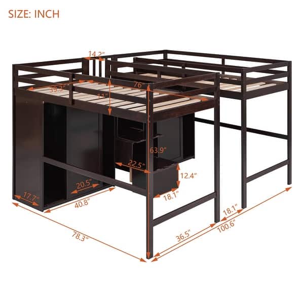 Espresso Double Twin Size Solid Pine Wood Loft Bed with Wardrobes, Storage Staircase, Guardrail