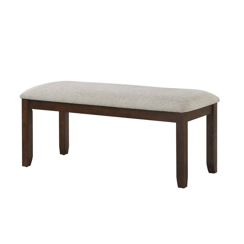 Humpty 43 Inch Bench, Gray Polyester Upholstery, Cherry Brown Solid Wood