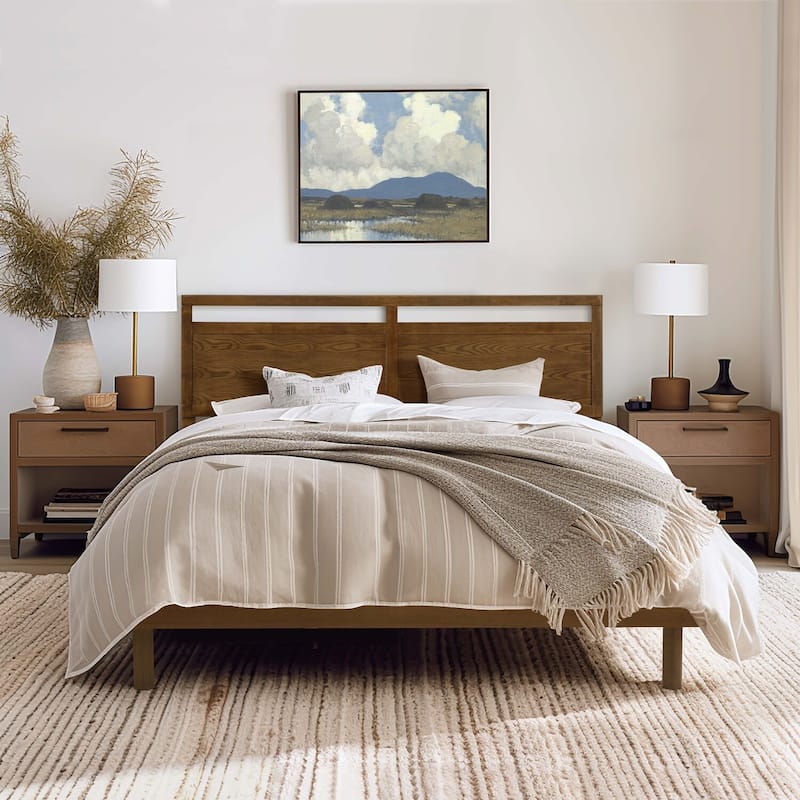 King Size Wood Platform Bed Frame with Headboard - Modern Double Panel Design