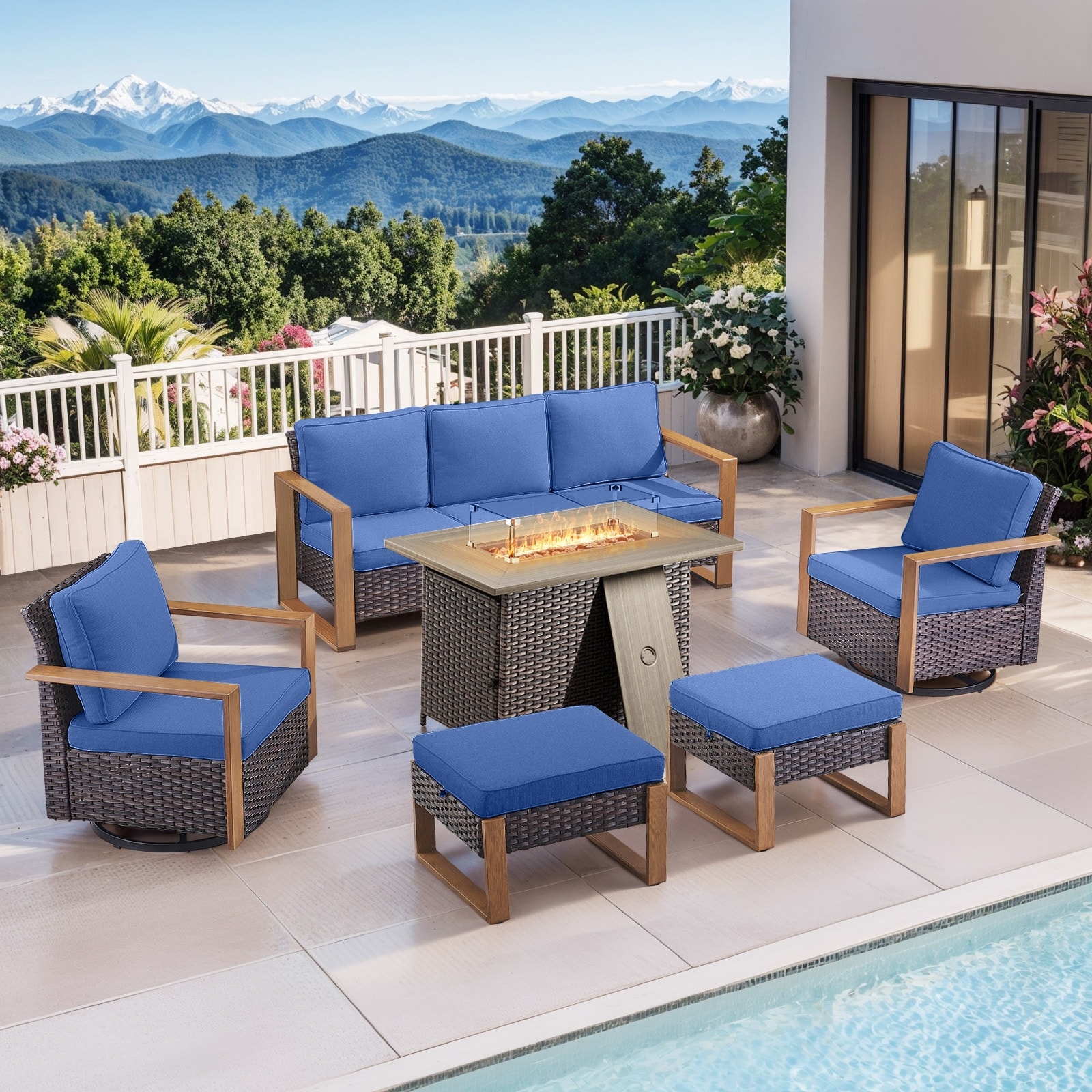 Pocassy 6 Pieces Outdoor Sofa Swivel Chair Ottoman with Fire Pit Table Set