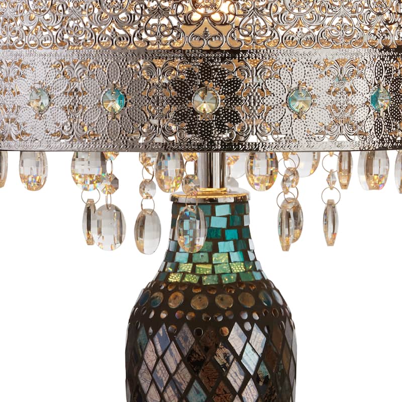 Metal Mosaic Hanging Glass Crystal Table Lamp - 13"L x 13"W x 24.25"H