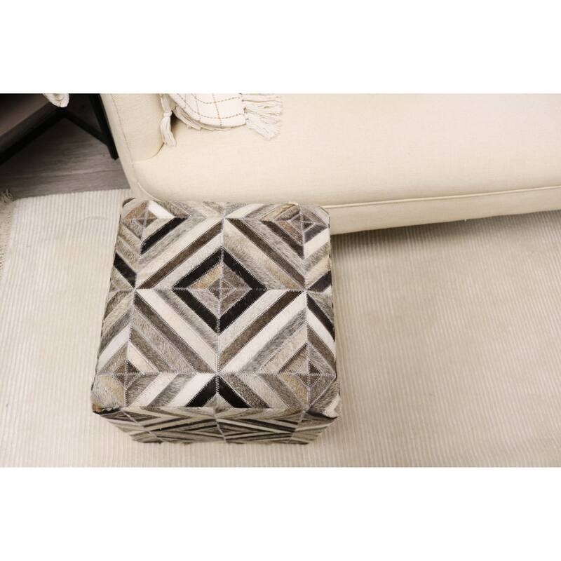 Home&Manor Almeria 16" Cowhide Leather Cube Pouf