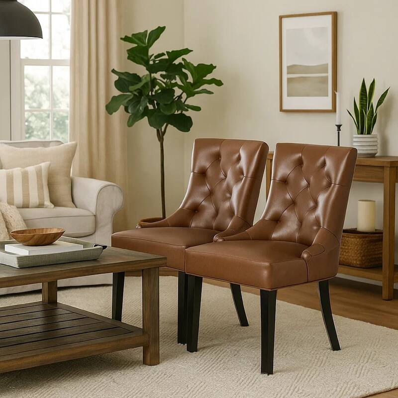 Chen Dining Chair Set of 2, Diamond Tufted Back, Brown Faux Leather