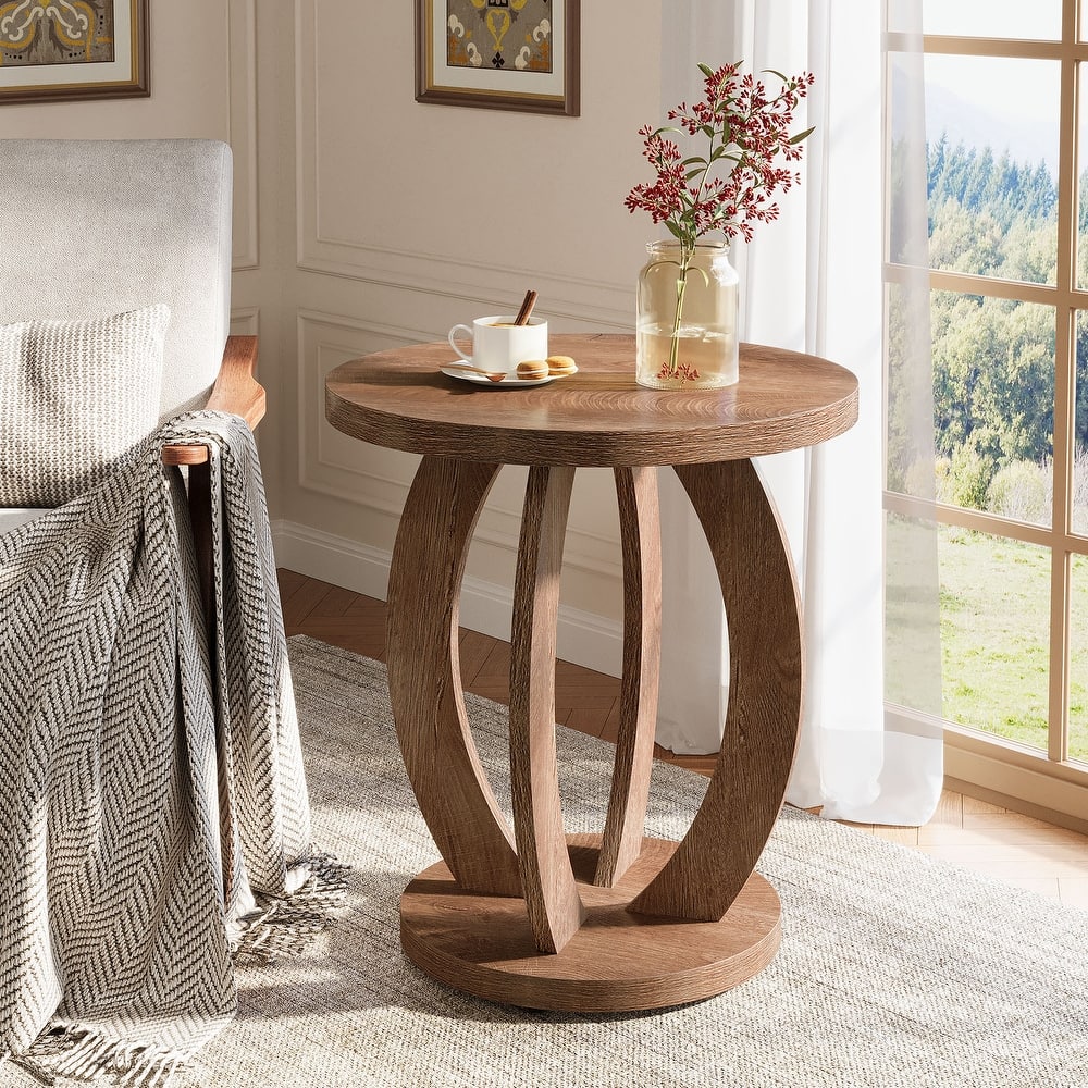 Round Side Table with Storage, Farmhouse End Table for Living Room Small Space