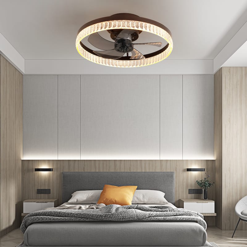 20" Brown Ceiling Fan with LED Light - Modern Flush Mount Fan Light for Bedroom, Living Room,Crystal Ring Design - Brown