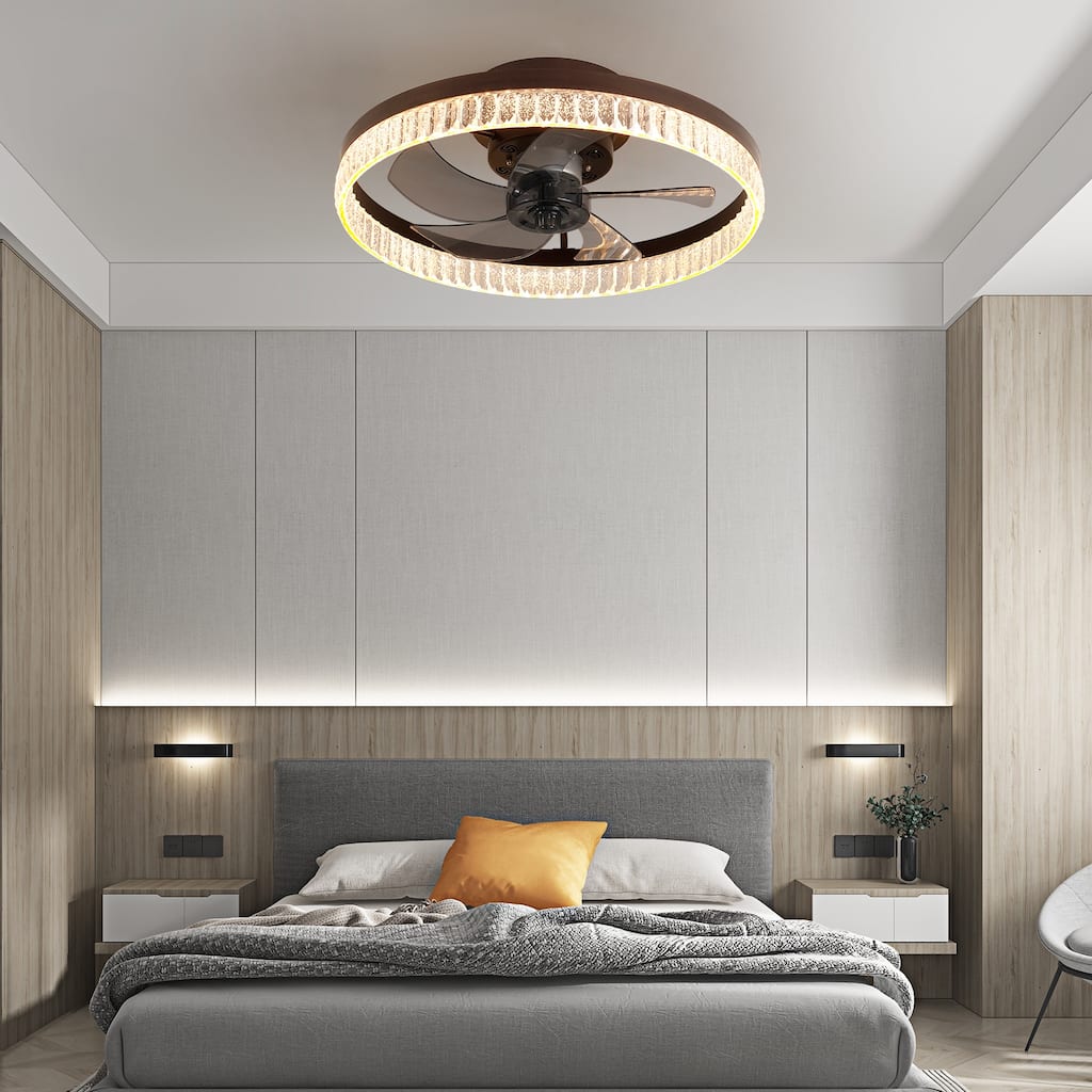 20" Brown Ceiling Fan with LED Light - Modern Flush Mount Fan Light for Bedroom, Living Room,Crystal Ring Design